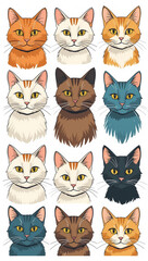 Fototapeta premium Collection of hand-drawn cat faces featuring different colors and patterns, arranged neatly on a white background, showcasing feline variety.