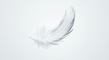 Delicate white feather floating in mid-air on a white background, symbolizing lightness, purity, and serenity
