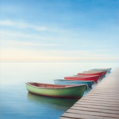 Fototapeta premium Colorful Fishing Boats in a Tranquil Sea at Sunrise