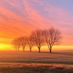 Obraz premium Row of Trees at Sunrise on the Edge of a Field with Colorful Sky