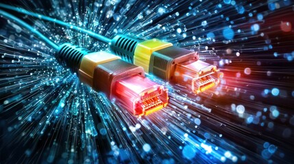 Digital data streaming and flowing through internet cables on screen.