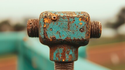 Rusty metal connector, outdoor, blurred background, industrial machinery