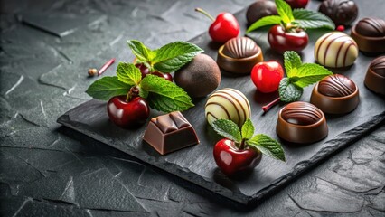 A delectable arrangement of assorted chocolates and ripe cherries, artfully presented on a dark slate surface, enhanced with fresh mint sprigs.