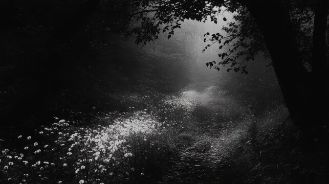 Ethereal Black and White Forest Path with Dappled Light and Flowers - Powered by Adobe