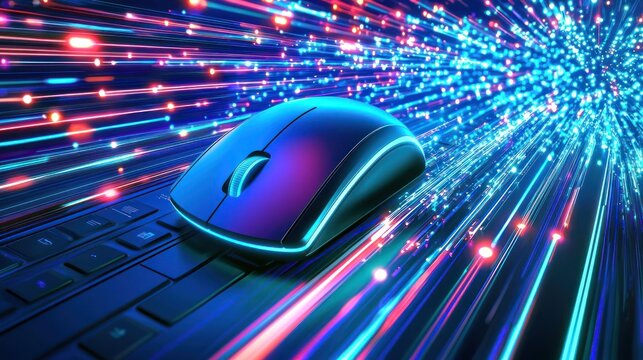 Close-up of a computer mouse and keyboard with digital data streams.