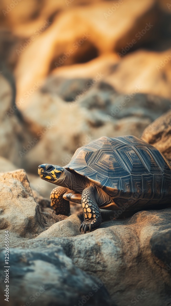 Poster tortoise with intricate shell pattern on rocky terrain at sunset, nature and wildlife photography co