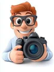 A cheerful cartoon character with glasses holds a camera, embodying a fun and creative spirit associated with photography.