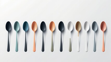 A set of colorful spoons in flat style on a white background. Simple and modern design, perfect for kitchen-related projects, menus