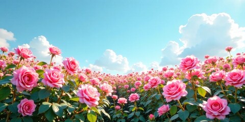 Fototapeta premium Serene Vista of a Bountiful Pink Rose Garden Under a Summer Sky