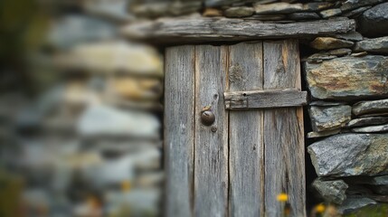 Old Rustic Wooden Door with Stone Wall Background in Nature Setting