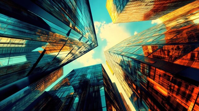 City skyscrapers, low angle, sun, urban, business, ambitious, architecture