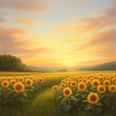 Fototapeta premium Serene Sunset Over Sunflower Field with Vibrant Colors in Sky