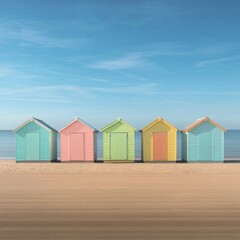 Obraz premium Colorful Beach Huts Lined Up Along the Shore Against Blue Sky