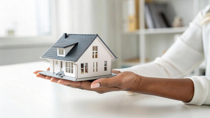 Hand Holding Model House Symbolizing Real Estate Ownership and Home Investment Concept