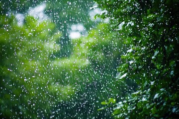 Rainfall Through Lush Green Foliage Creating a Serene Atmosphere