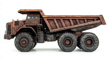 Obraz premium Rusty dump truck, side view, white background, industrial setting