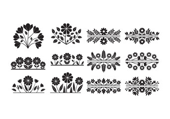 A vector illustration of floral borders with a modern, sleek silhouette design. Each border has a unique pattern with a clear central line. The white background highlights the boldness