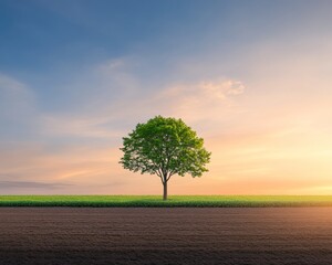 Single Tree Growing in the Center of a Vast Field at Dusk