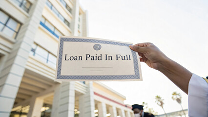 Hand Holding Certificate with Bold Text 'Loan Paid In Full' Outside Building