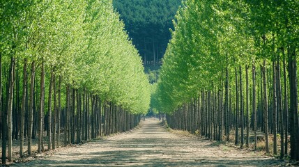 A peaceful forest path lined with tall, green trees.