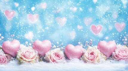 Pastel Pink Hearts and Flowers on Snow with Light Blue Background