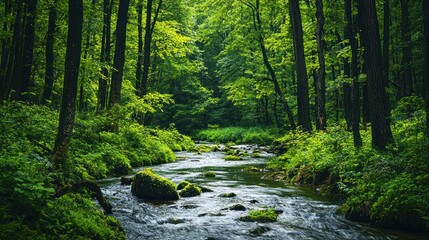 Obraz premium Lush green forest with a winding river running through it.
