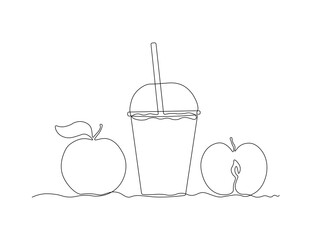 abstract applefruit juice glass with lid and straw, continuous single one line art hand drawing sketch logo