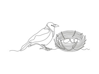 Abstract raven, crow bird's nest with eggs, continuous single one line art hand drawing sketch logo