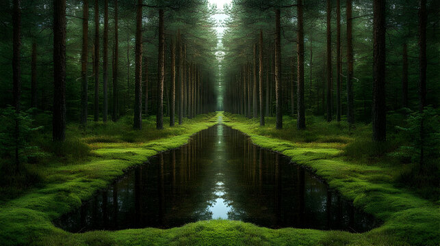 Forest Path Reflecting In Still Pond - Powered by Adobe