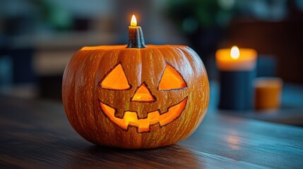 Spooky Halloween Jack-o'-lantern Glowing on a Table