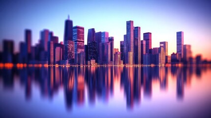 Obraz premium Cityscape sunset reflection, urban panorama, waterfront, twilight