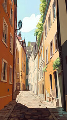 Obraz premium Beautiful quiet alley, Illustration of a beautiful, quiet alley in the city 