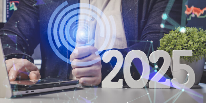 Futuristic Business Vision for 2025: Professional Digital Data Analysis with Holographic Touch Interface and Financial Knowledge