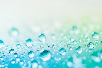 Teal water droplets on soft surface, blurred background, refreshing design