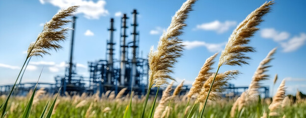 Fototapeta premium Refinery backdrop, grass, wind, sky