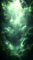 Obraz premium Green Forest Canopy With Glowing Light