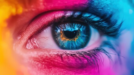 A close-up of a vibrant, colorful eye, showcasing striking blue iris and bold makeup, surrounded by bright hues of pink and blue.