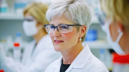 A scientist in a lab coat with glasses and a mask engages with colleagues in a laboratory setting, showcasing a professional and collaborative atmosphere.