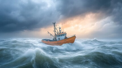 Obraz premium Traditional Fishing Boat Navigating Through Rough Sea at Dusk