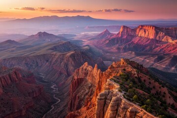 Fototapeta premium Chromatic Aberration Aerial: Vibrant Canyon Sunset, 45-Degree Perspective