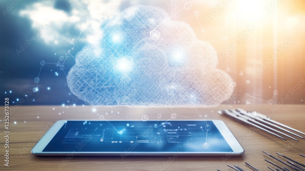 Poster cloud computing data tablet sky