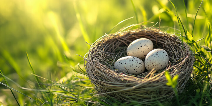 Vogelnest mit Ostereier in der Natur im Garten. Hintergrundbild f&uuml;r Ostern. Gef&auml;rbte Eier. 