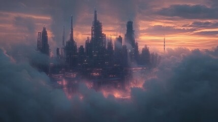 Naklejka premium Cloudy Cityscape Sunset; Futuristic metropolis above clouds, dramatic sky, fantasy backdrop