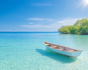 Naklejka premium Traditional Wooden Fishing Boat Anchored in Tropical Waters