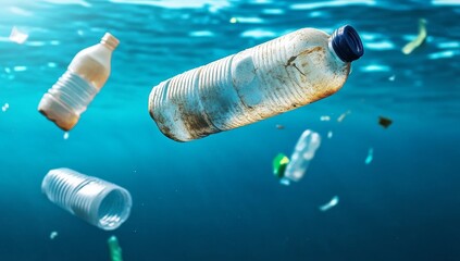 Plastic waste floating in the ocean with bottles and containers