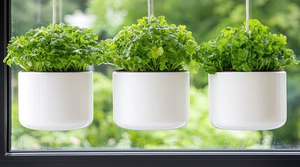 Hanging herb pots on windowsill, vibrant greenery, spring day.  Possible use Stock photo for gardening, home decor