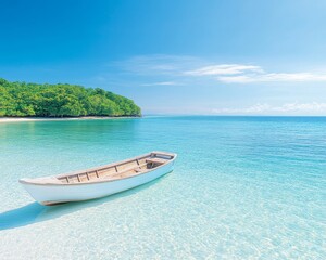 Naklejka premium Traditional Wooden Fishing Boat Anchored in Tropical Waters