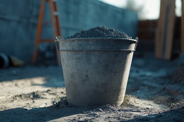 Steel Bucket Filled with Gray Cement on Construction Site Ground