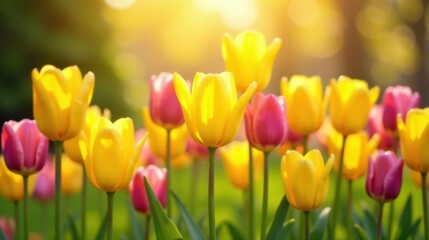Obraz premium Golden Hour Blooms A Field of Vibrant Yellow and Pink Tulips Basking in the Warm Sunset Light