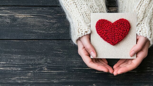 Hands holding heart-shaped knitted card on dark wood background. Possible use Valentine's Day card, gift, social media post, display